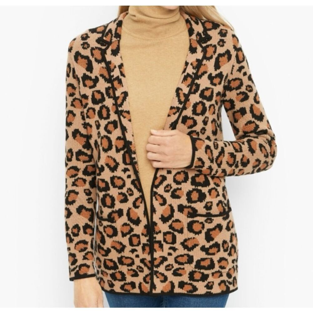 Talbots wool blend leopard sweater blazer cardigan small petite